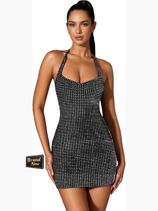 Dresses & Skirts - Halter Deep V Neck Ruched Backless Bodycon Mini Dress Sparkly Dots